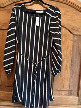 LOFT Black and Cream Vertical-Stripe Tie-Waist Mini Dress